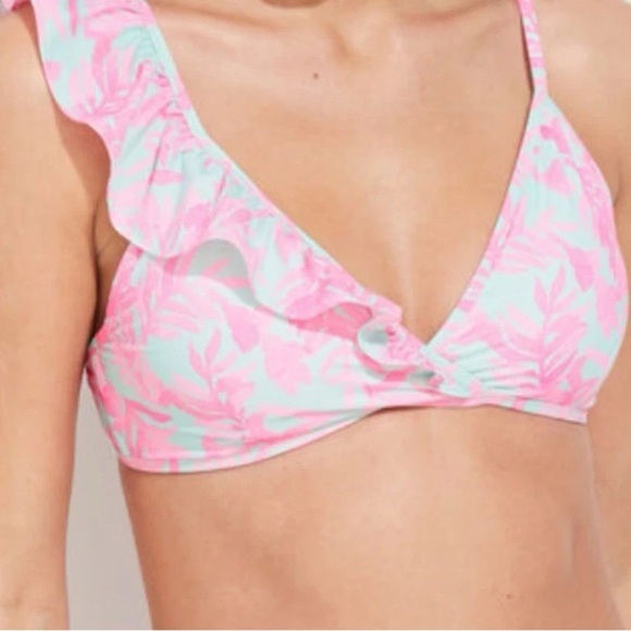 NWT Vineyard Vines Bougainvillea Ruffle Bikini Top in Crystal blue/Pink Size L - Picture 1 of 11